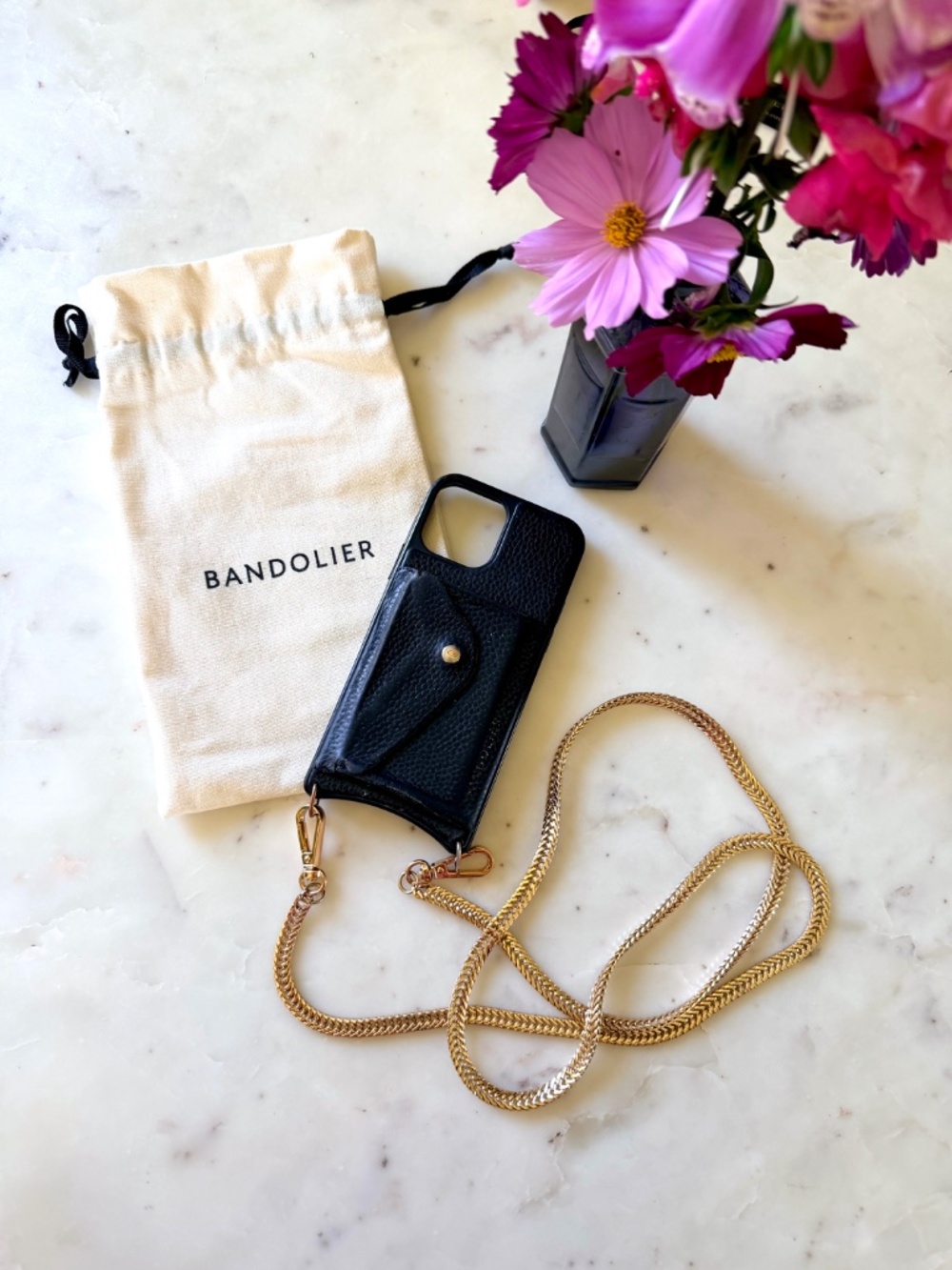 Hailey Side Slot Leather Crossbody Bandolier - Black/Gold for iPhone 12 / 12 Pro
